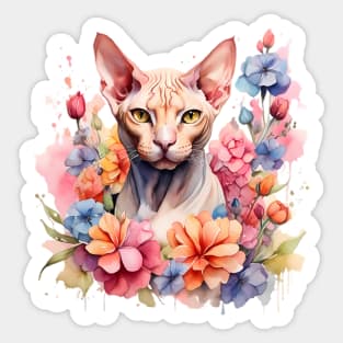 A sphynx cat decorated with beautiful watercolor flowers Sticker